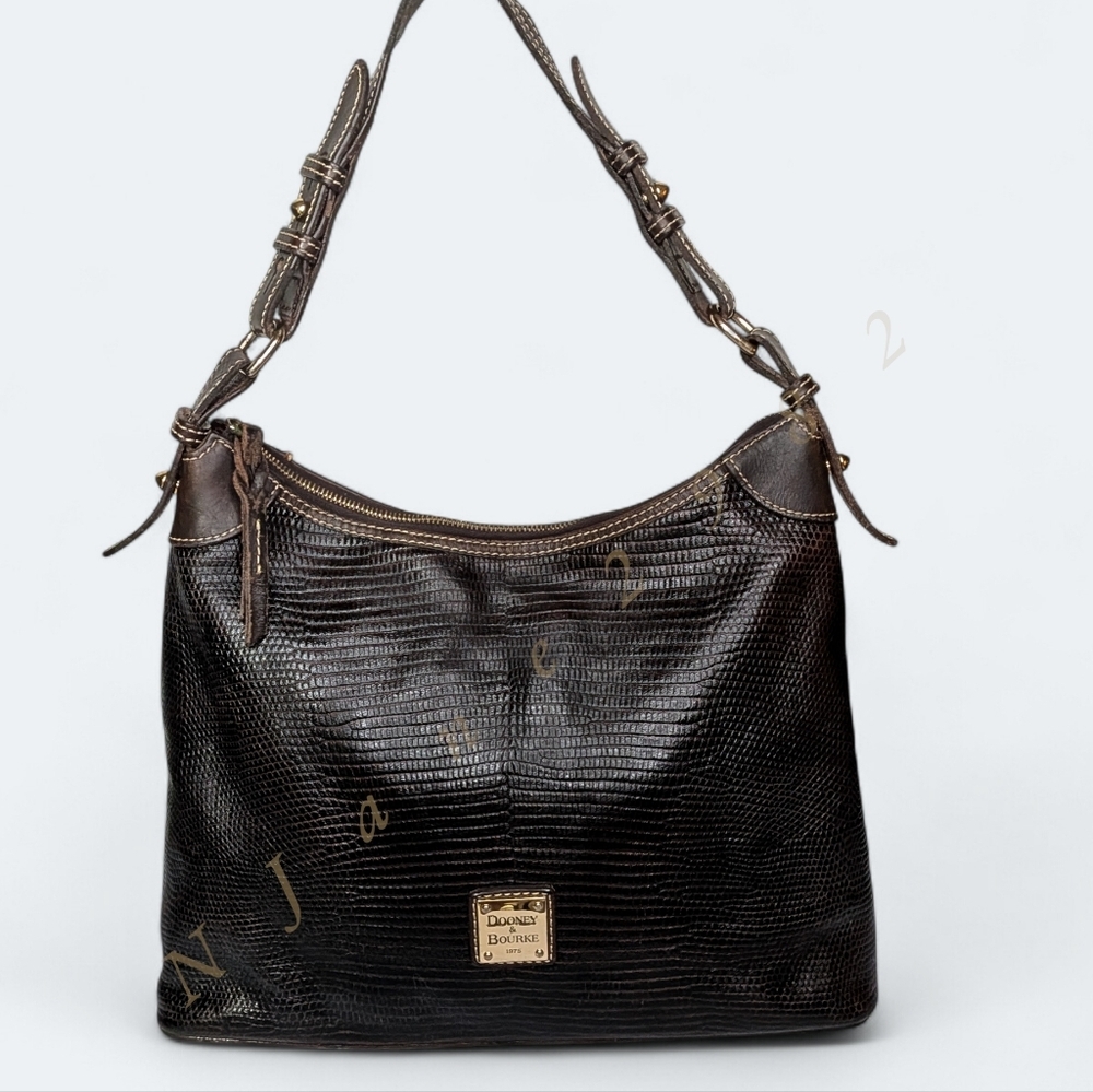 Dooney & Bourke Brown Lizard Embossed Leather Hobo Bag Gold Logo Shoulder Purse